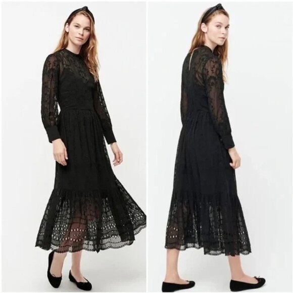 J.Crew Black Embroidered Long Sleeve Midi Dress Size 2 - 41616 - Picture 1 of 16